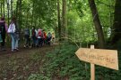 Schild mit Aufschrift "Waldjugendspiele" im Wald, auf einem Weg daneben läuft eine Gruppe von Kindern.